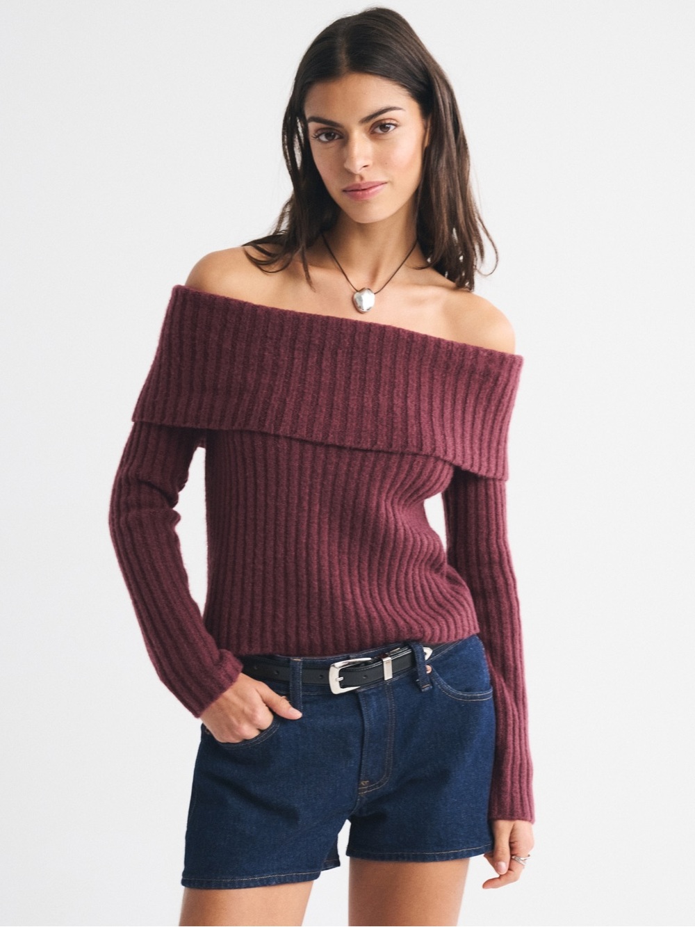 Abercrombie and Fitch Ribbed Foldover Off-The-Shoulder Sweater